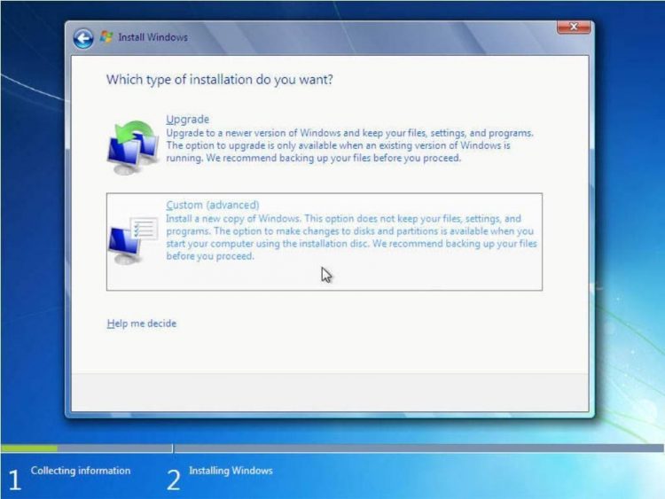 Pilih “Custom (advanced)”.