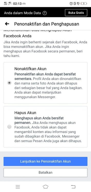 Menghapus akun facebook lewat HP