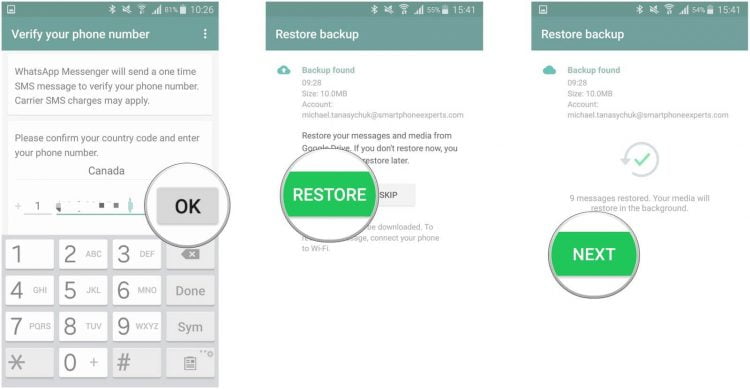Selanjutnya ada konfirmasi dari WhatsApp, apakah Anda ingin memulihkan restore chat dari Google Drive, jika iya Anda bisa klik Restore