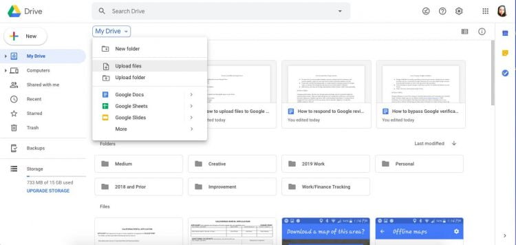 Setelah Google Drive terbuka, upload PDF yang akan diterjemahkan dengan klik My Drive lalu pilih Upload Files