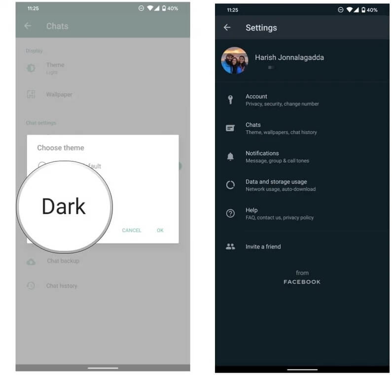 Untuk mengaktifkan WhatsApp mode gelap, Anda tinggal klik opsi Dark lalu klik OK untuk mengkonfirmasinya