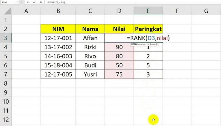 fungsi rumus rank excel