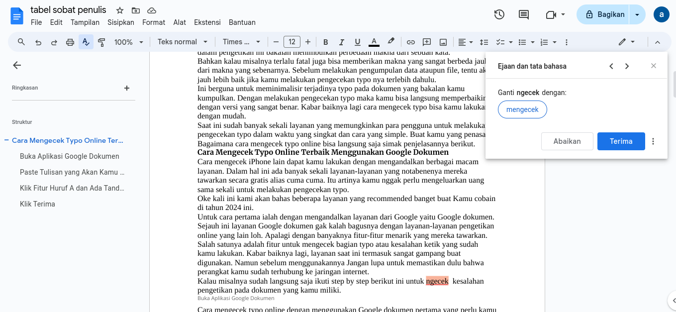 cara mengecek typo